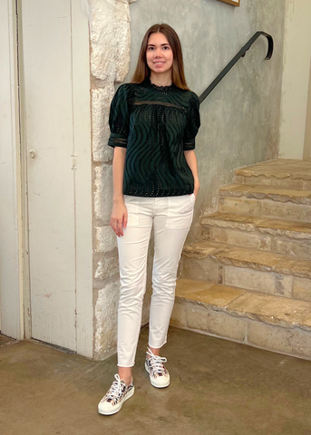 Virginia Water Washed Eyelet Poplin lace Collar Short Sleeve Blouse in Cypress