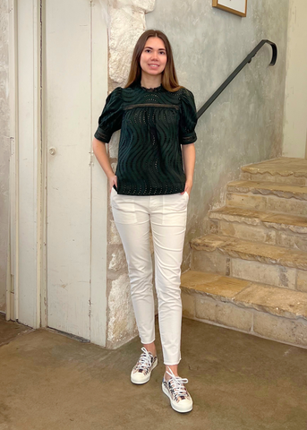 Virginia Water Washed Eyelet Poplin lace Collar Short Sleeve Blouse in Cypress