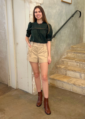 Virginia Water Washed Eyelet Poplin lace Collar Short Sleeve Blouse in Cypress