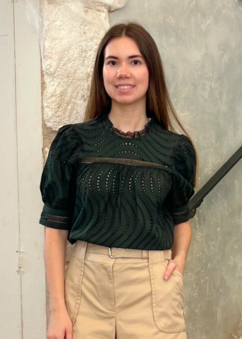 Virginia Water Washed Eyelet Poplin lace Collar Short Sleeve Blouse in Cypress