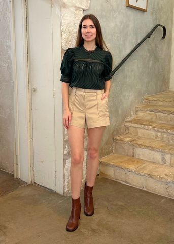 Virginia Water Washed Eyelet Poplin lace Collar Short Sleeve Blouse in Cypress