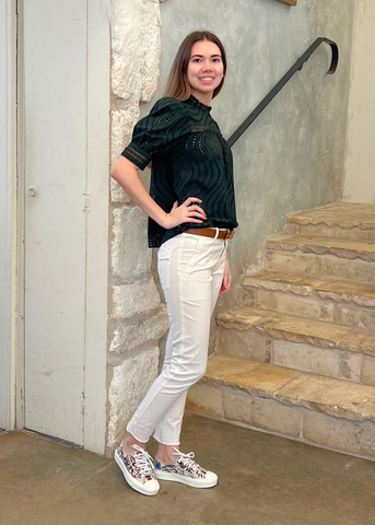 Virginia Water Washed Eyelet Poplin lace Collar Short Sleeve Blouse in Cypress