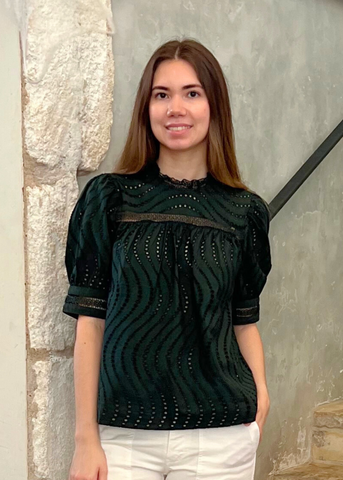 Virginia Water Washed Eyelet Poplin lace Collar Short Sleeve Blouse in Cypress