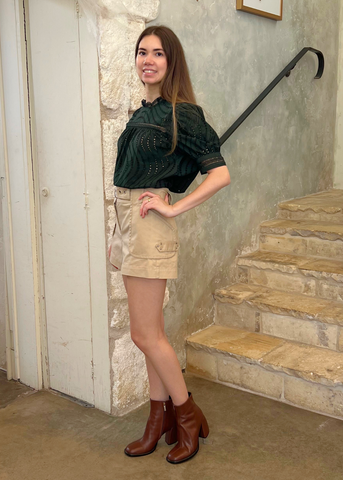 Virginia Water Washed Eyelet Poplin lace Collar Short Sleeve Blouse in Cypress