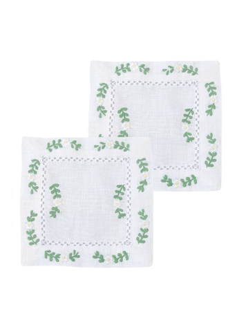 White Daisy Border Hand Embroidered White Linen Cocktail Napkin