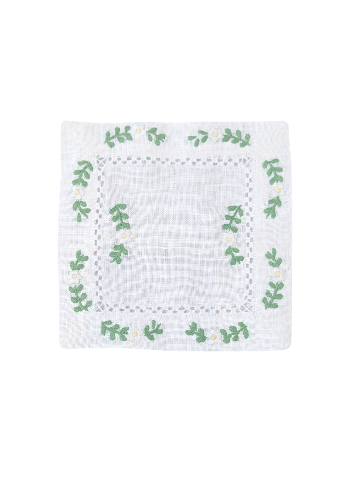 White Daisy Border Hand Embroidered White Linen Cocktail Napkin