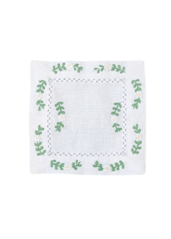 White Daisy Border Hand Embroidered White Linen Cocktail Napkin