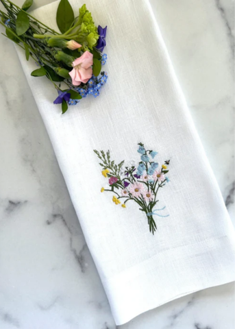Wildflower Bouquet Embroidered Linen Tea Towel