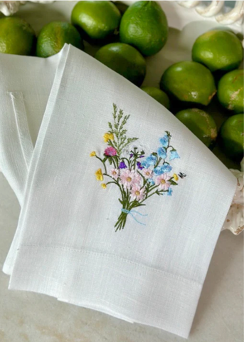 Wildflower Bouquet Embroidered Linen Tea Towel