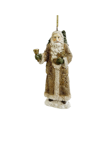 Carved Santa with Bell Ornament in Beige
