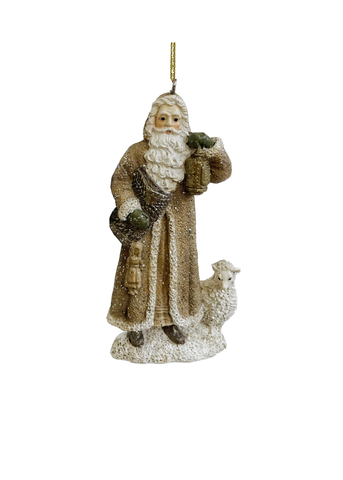 Carved Santa with Sheep Ornament in Beige