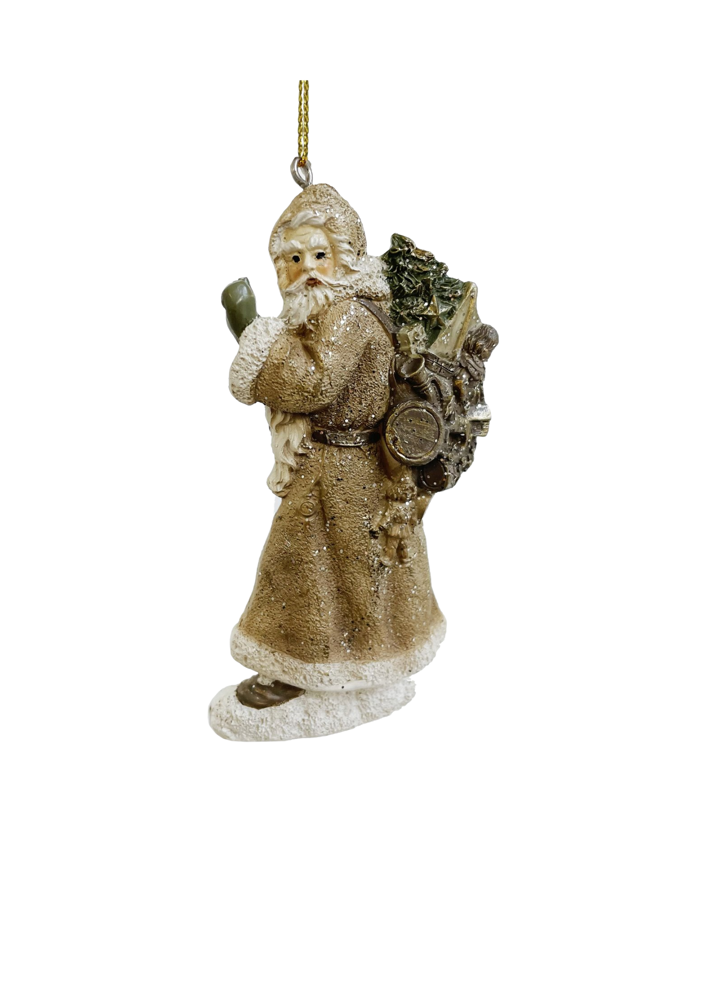 Carved Santa with His Sack Ornament in Beige