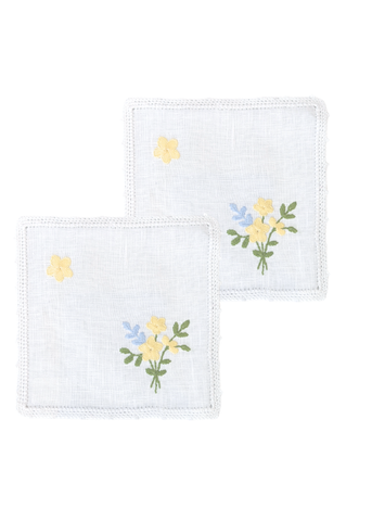 Yellow Flower Bouquet Hand Embroidered White Linen Cocktail Napkin