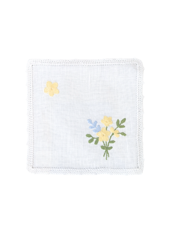 Yellow Flower Bouquet Hand Embroidered White Linen Cocktail Napkin