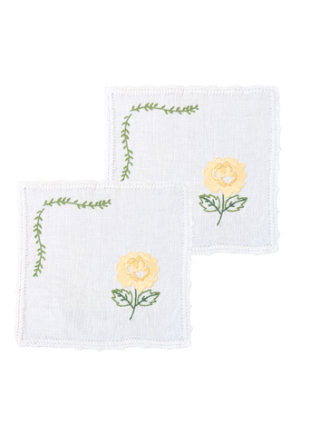 Yellow Rose + Vine Hand Embroidered White Linen Cocktail Napkin