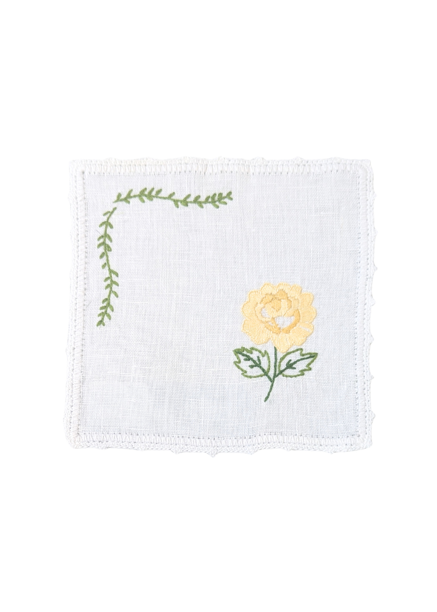 Yellow Rose + Vine Hand Embroidered White Linen Cocktail Napkin
