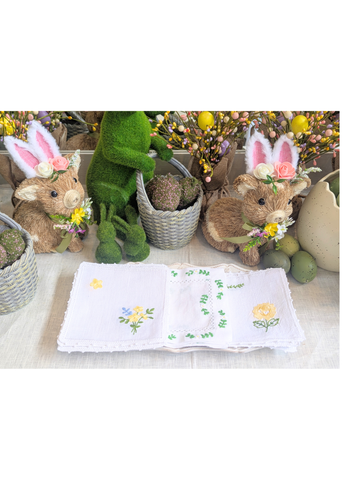 Yellow Flower Bouquet Hand Embroidered White Linen Cocktail Napkin