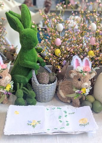 Yellow Flower Bouquet Hand Embroidered White Linen Cocktail Napkin