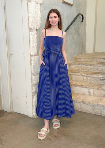 Zandra Sleeveless Striped Shirting Tie Front Midi Dress in Dark Navy