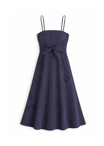 Zandra Sleeveless Striped Shirting Tie Front Midi Dress in Dark Navy