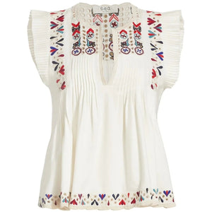 Alicia Embroidered Flutter Sleeve Top in Cream