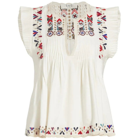 Alicia Embroidered Flutter Sleeve Top in Cream