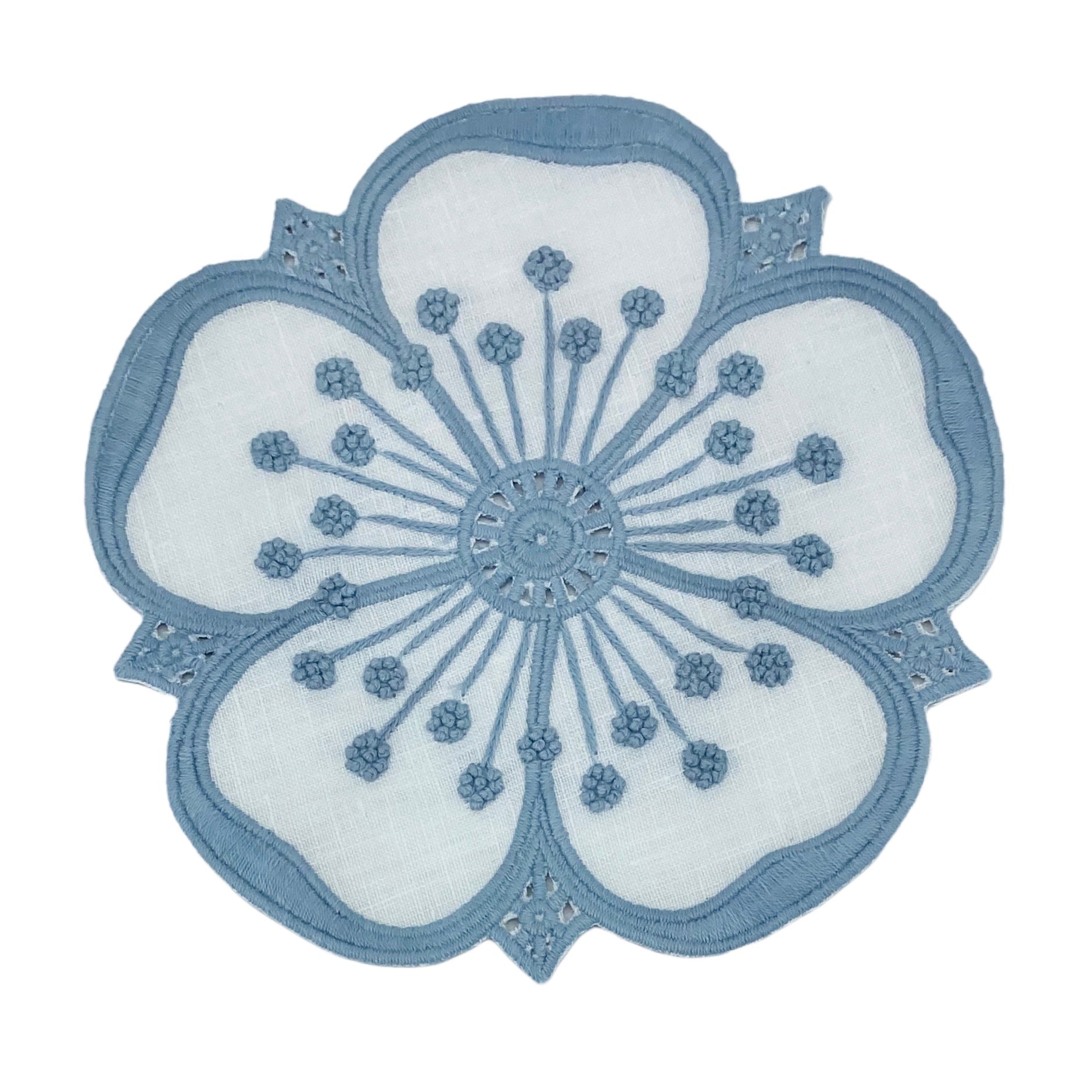 Embroidered Petal Coaster Set in Blue + White