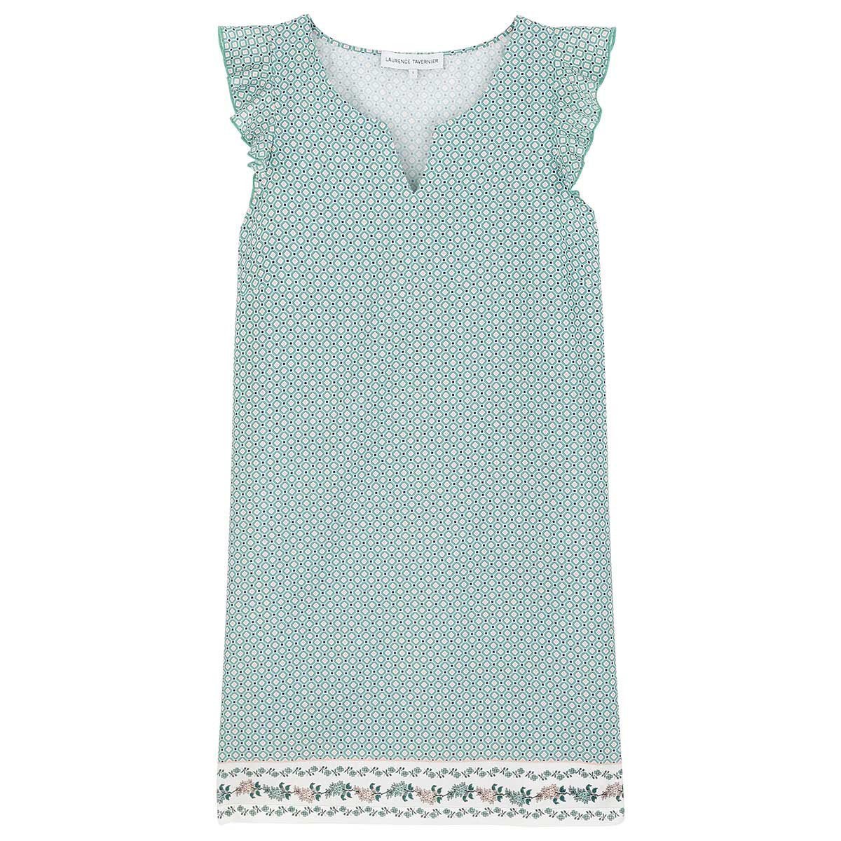 Bastide Printed Cotton Sateen Flutter Sleeve Nightgown in Lichen