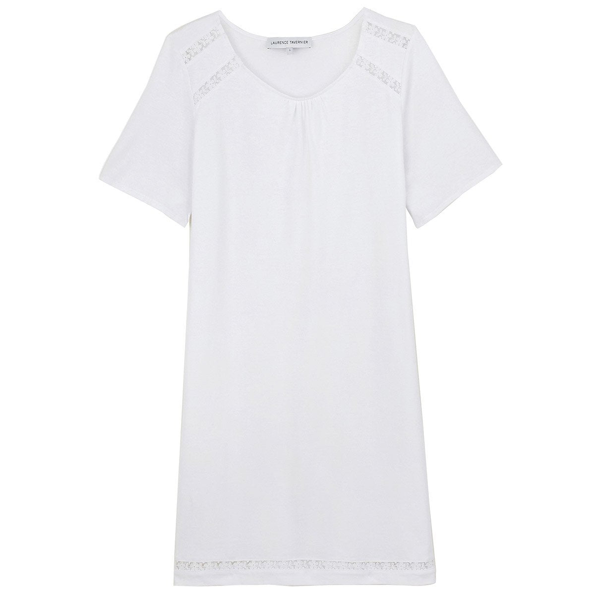 Fanny Short Sleeve Jersey Nightgown with Floral Embroidery in Blanc