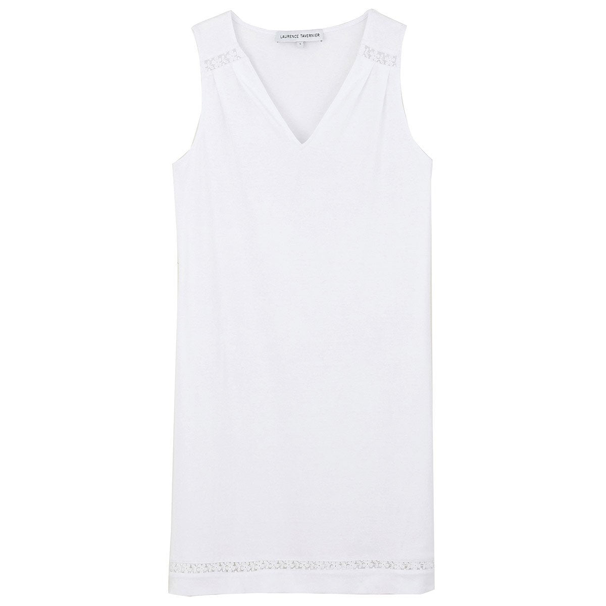 Fanny Sleeveless Jersey Nightgown with Floral Embroidery in Blanc