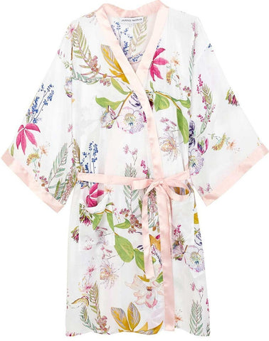 Flores Printed Voile Kimono Robe with Satin Trim in Multi Floral