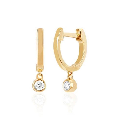 Mini Huggie Earrings with Diamond Bezel Drop in Yellow Gold