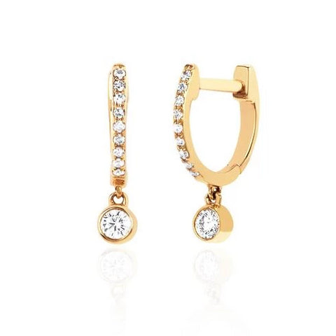 Diamond Mini Huggie Earrings with Diamond Bezel Drop in Yellow Gold