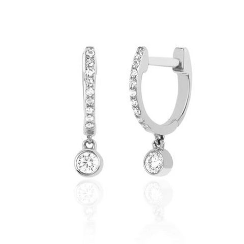 Diamond Mini Huggie Earrings with Diamond Bezel Drop in White Gold