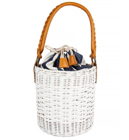 Katrina Bucket Bag with Striped Canvas Lining in White Wicker
