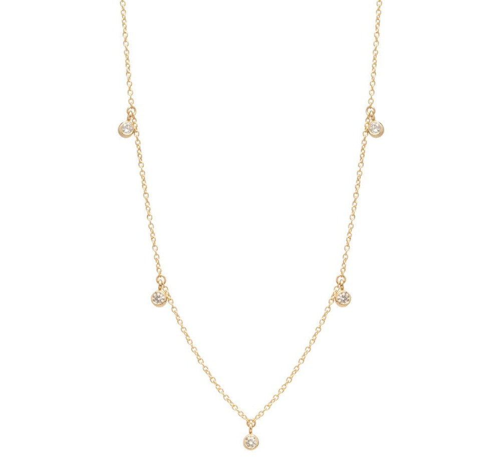 Yellow Gold Chain Necklace with 5 Round Diamond Dangles