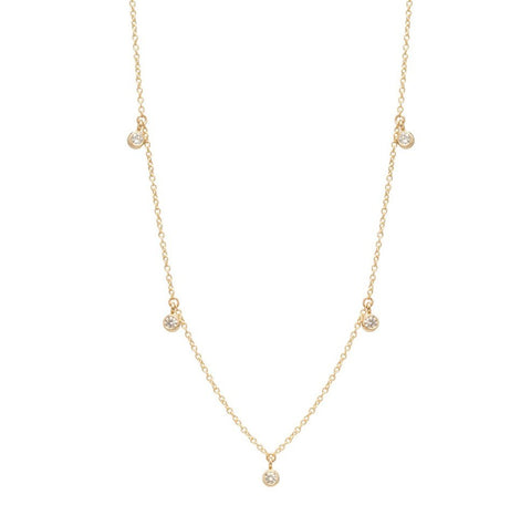 Yellow Gold Chain Necklace with 5 Round Diamond Dangles