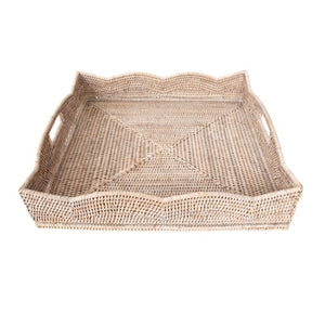 Large Square Scallop Rattan Tray in Whitewash