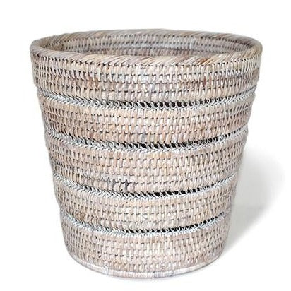 Pattern Weave Rattan Wastebasket in Whitewash