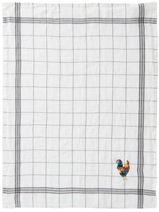 Embroidered Rooster Tea Towel in White with Black