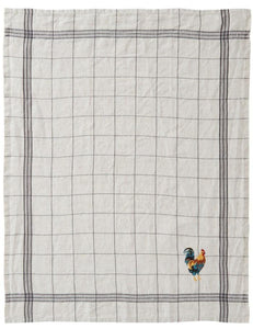 Embroidered Rooster Tea Towel in Linen with Black