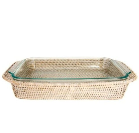 Large Rectangle Rattan Wrapped Baker in Whitewash