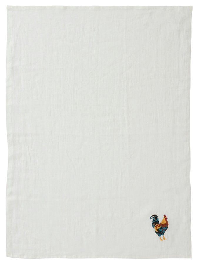 Embroidered Rooster Tea Towel in White