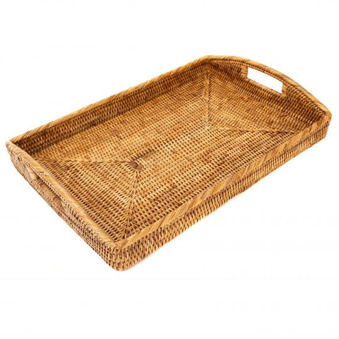 Rattan Rectangular Basket with High Handles in Honey Brown