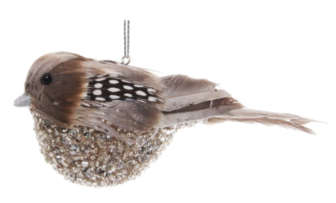 Beaded + Feathered Bird Ornament in Grey