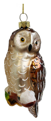 Metallic Owl Glass Ornament in Brown/White