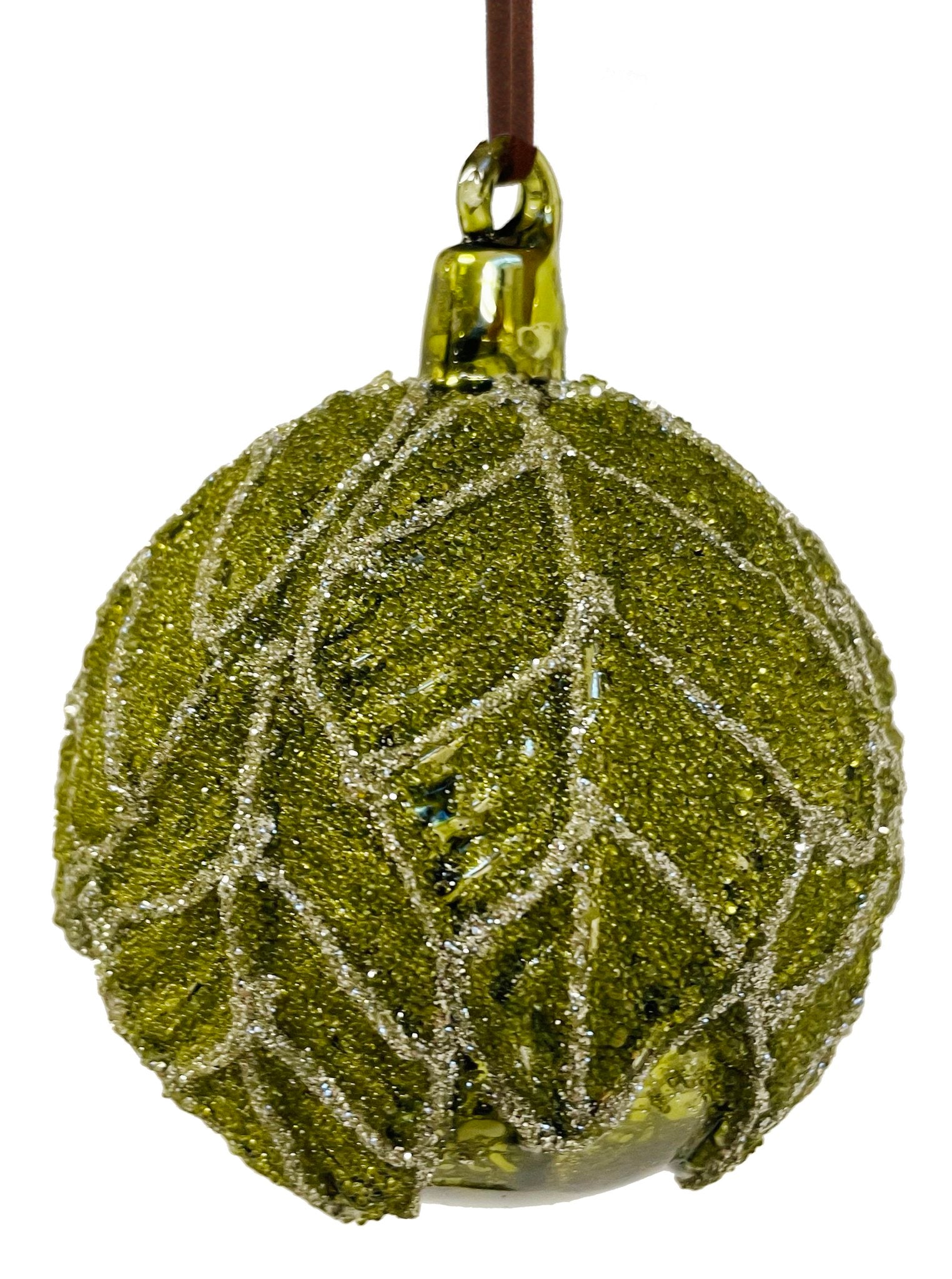 Beaded Leaves Glass Ball Ornament in Antique Green