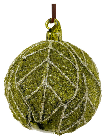 Large Beaded Leaves Glass Ball Ornament in Antique Green