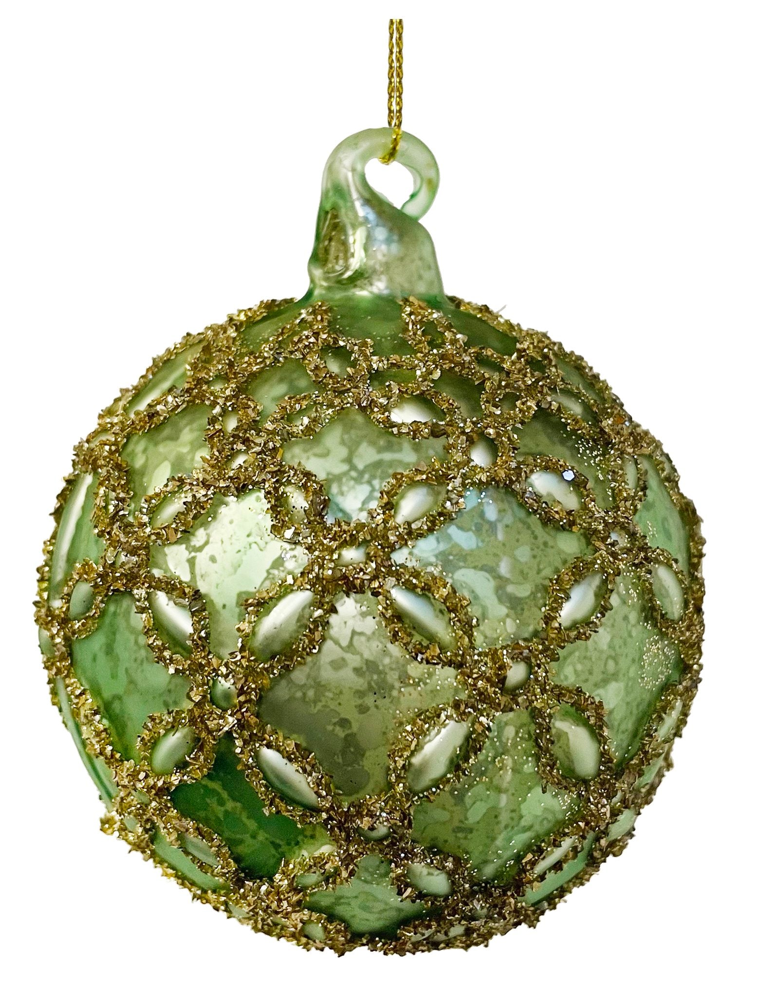 Glittered Flowers Glass Ball Ornament in Antique Green