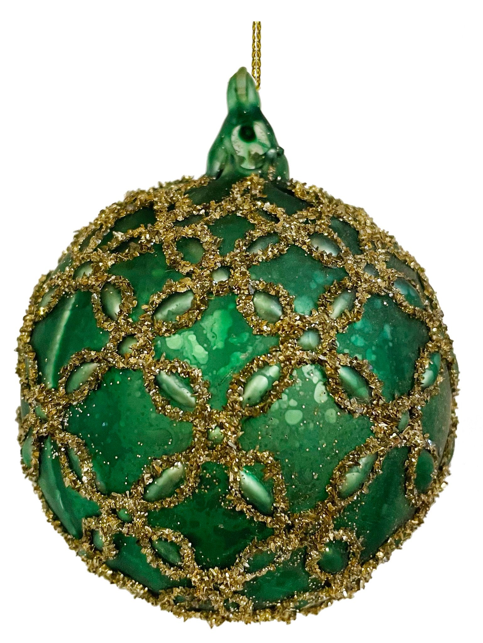 Glittered Flowers Glass Ball Ornament in Dark Green